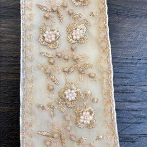 Vintage sash w/gold embroidery and embellishment, plain satin back, 56x2”